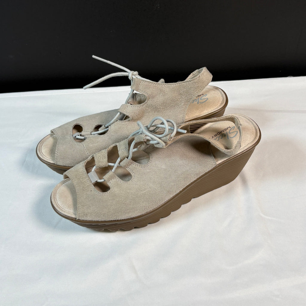 Skechers Memory Foam Wedge Sandals Womens 8.5 Beige Suede Lace