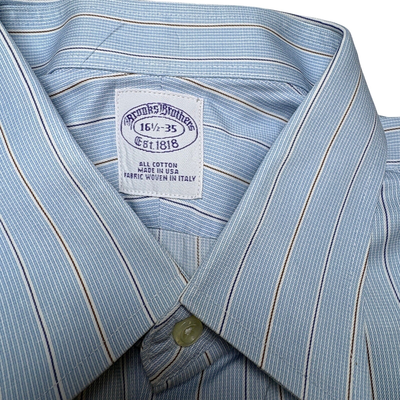 Brooks Brothers Dress Shirt 16.5 35 Blue Striped Made USA Italian Fabric