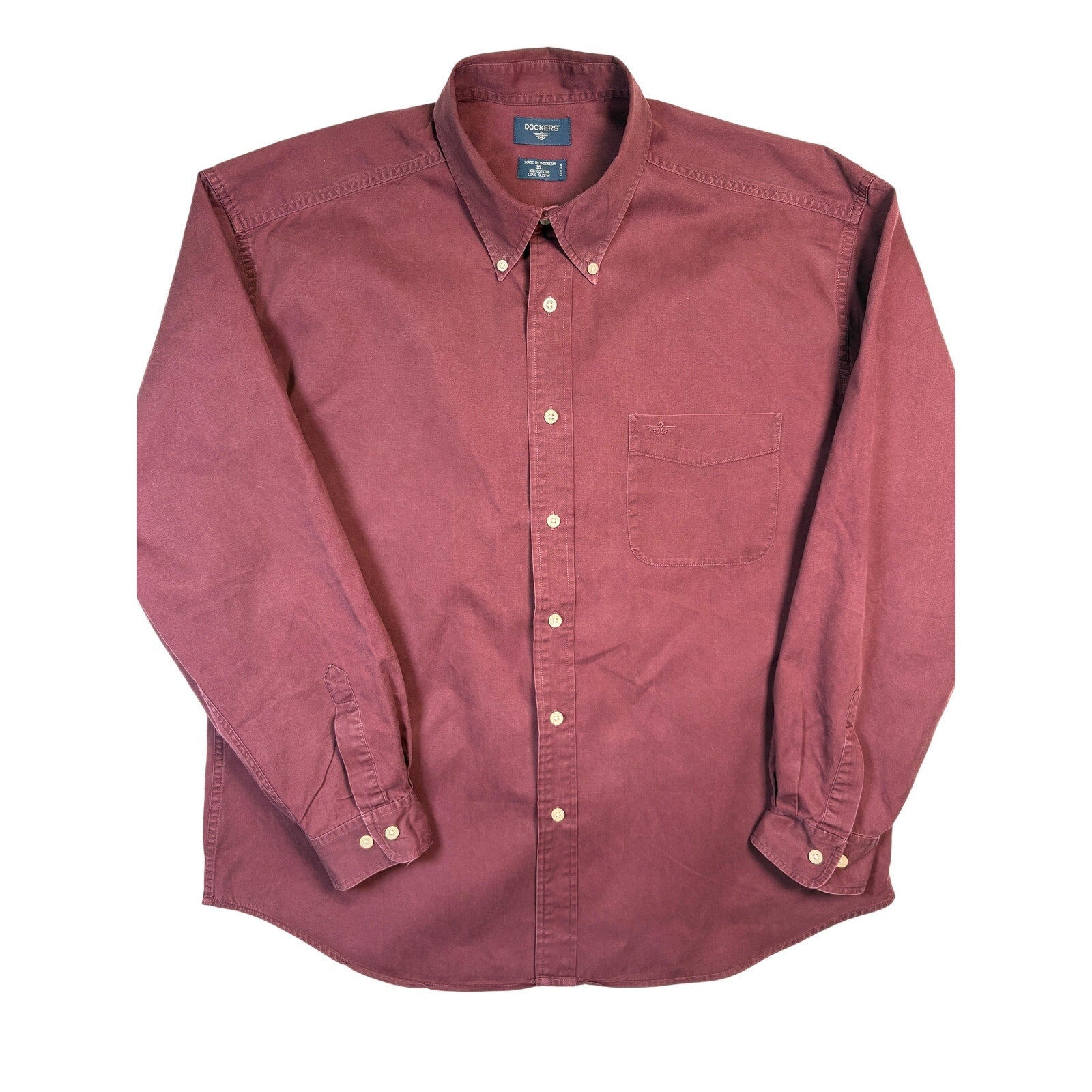 Dockers Button Up Shirt Mens XL Maroon Red Cotton LS Classic Fit Shirt