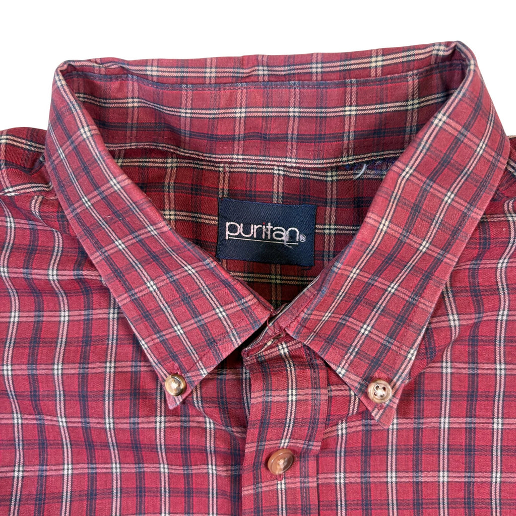 Puritan Mens Plaid Button Up Shirt Red Cotton Blend Long Sleeve XL