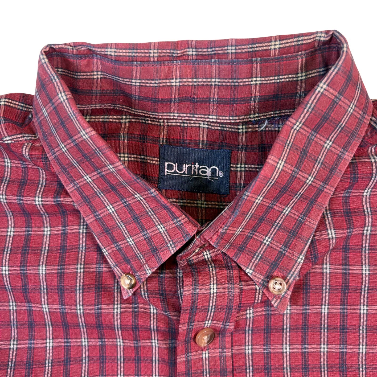 Puritan Mens Plaid Button Up Shirt Red Cotton Blend Long Sleeve XL