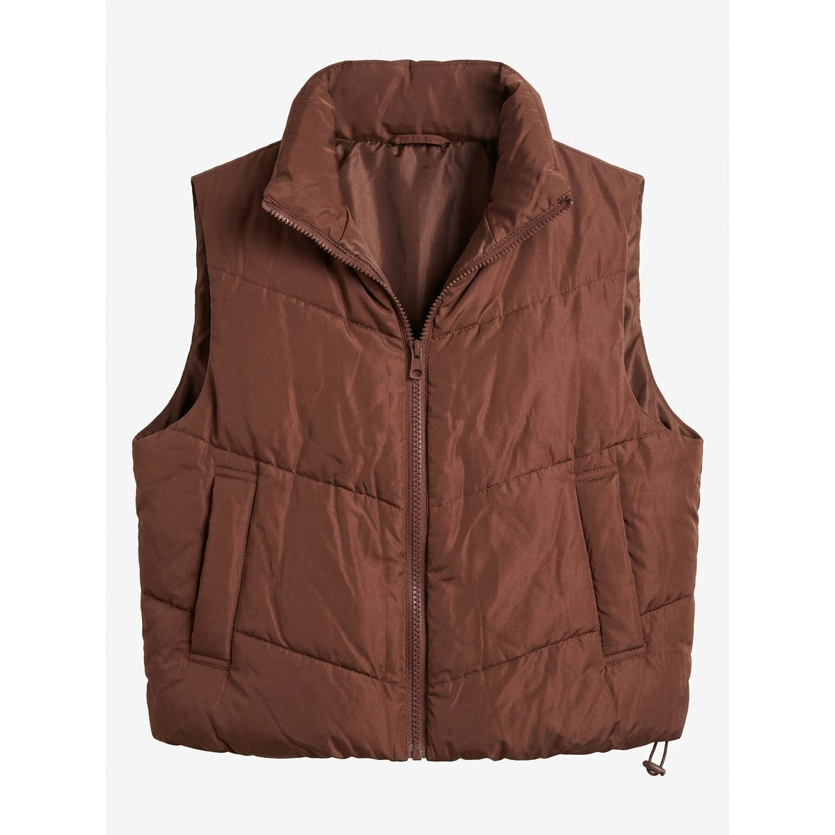 Brown Puffer Vest Womens Large Cropped Zip Up Quilted Sleeveless