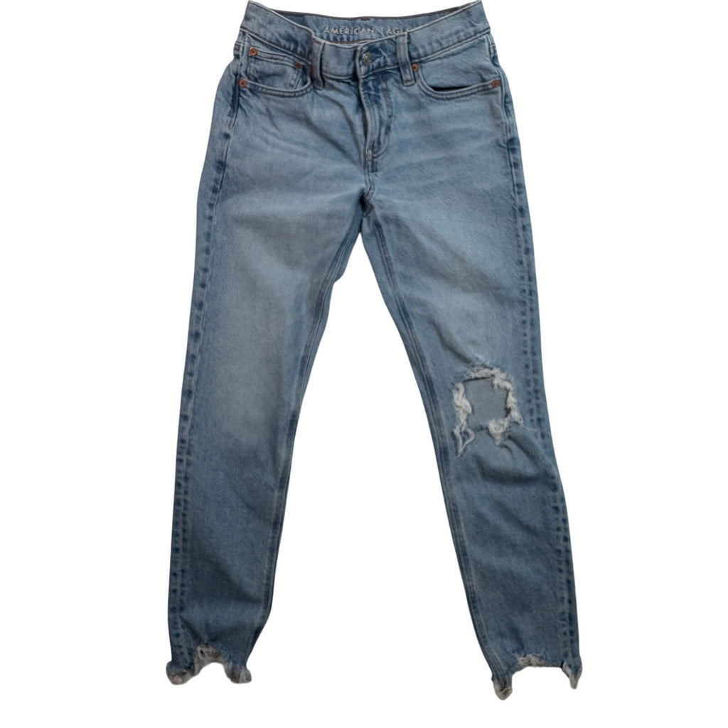 American Eagle Womens 27 Distressed Raw Hem Cropped Stretch Denim Light Wash