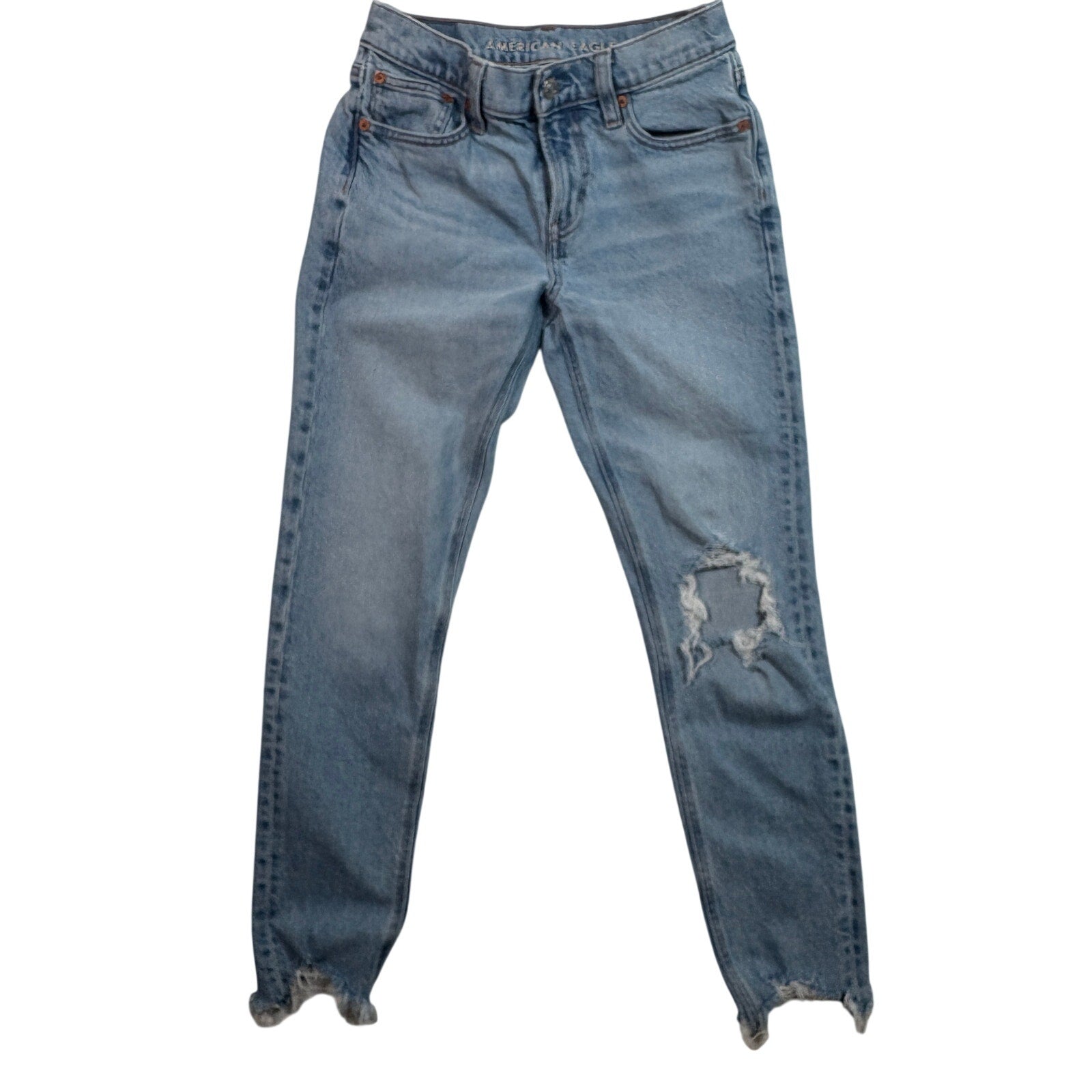 American Eagle Womens 27 Distressed Raw Hem Cropped Stretch Denim Light Wash