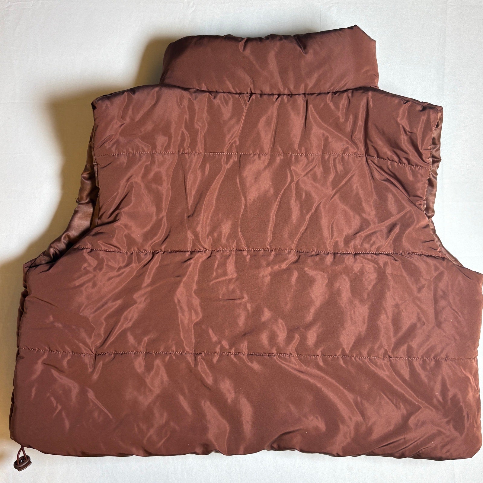 Brown Puffer Vest Womens Large Cropped Zip Up Quilted Sleeveless