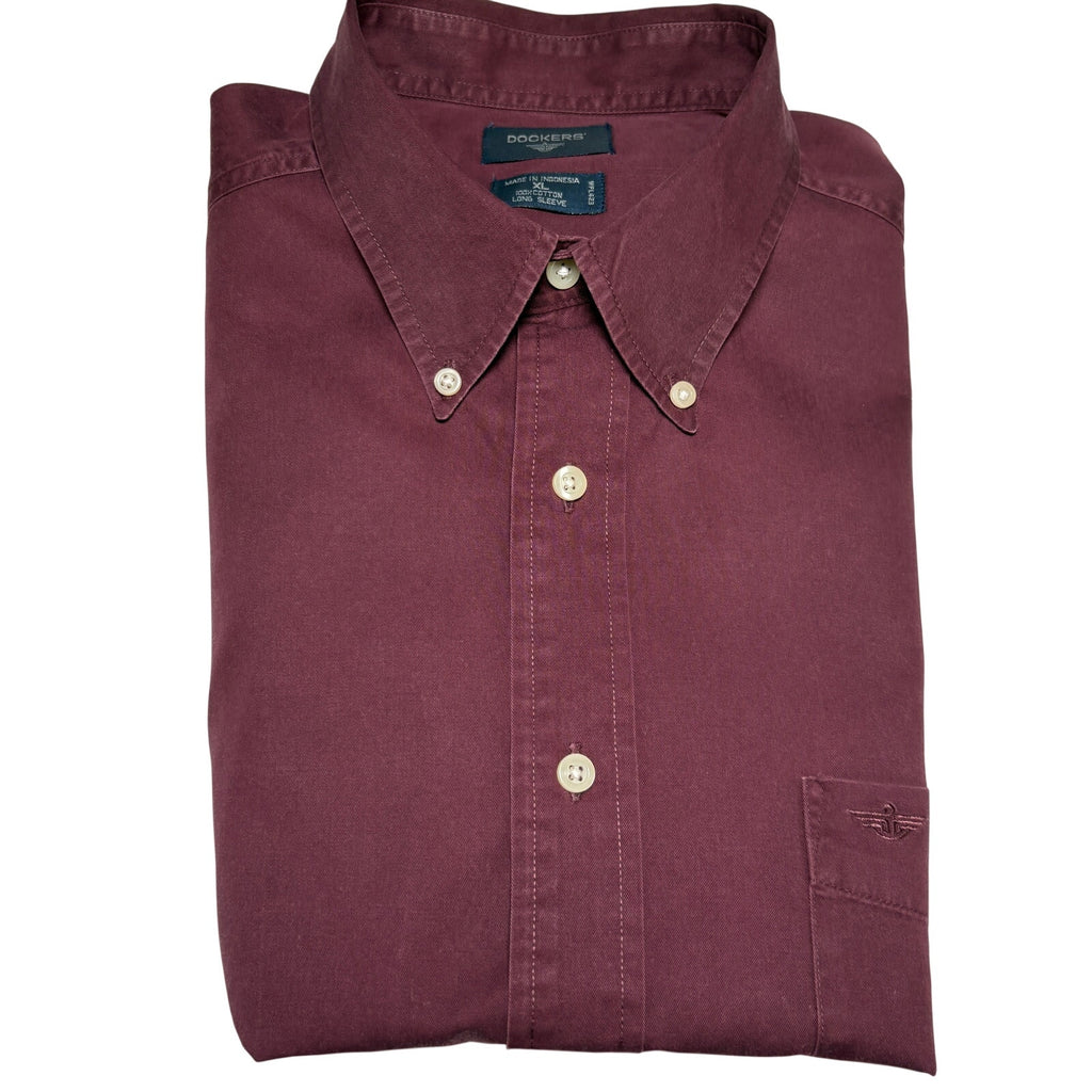 Dockers Button Up Shirt Mens XL Maroon Red Cotton LS Classic Fit Shirt