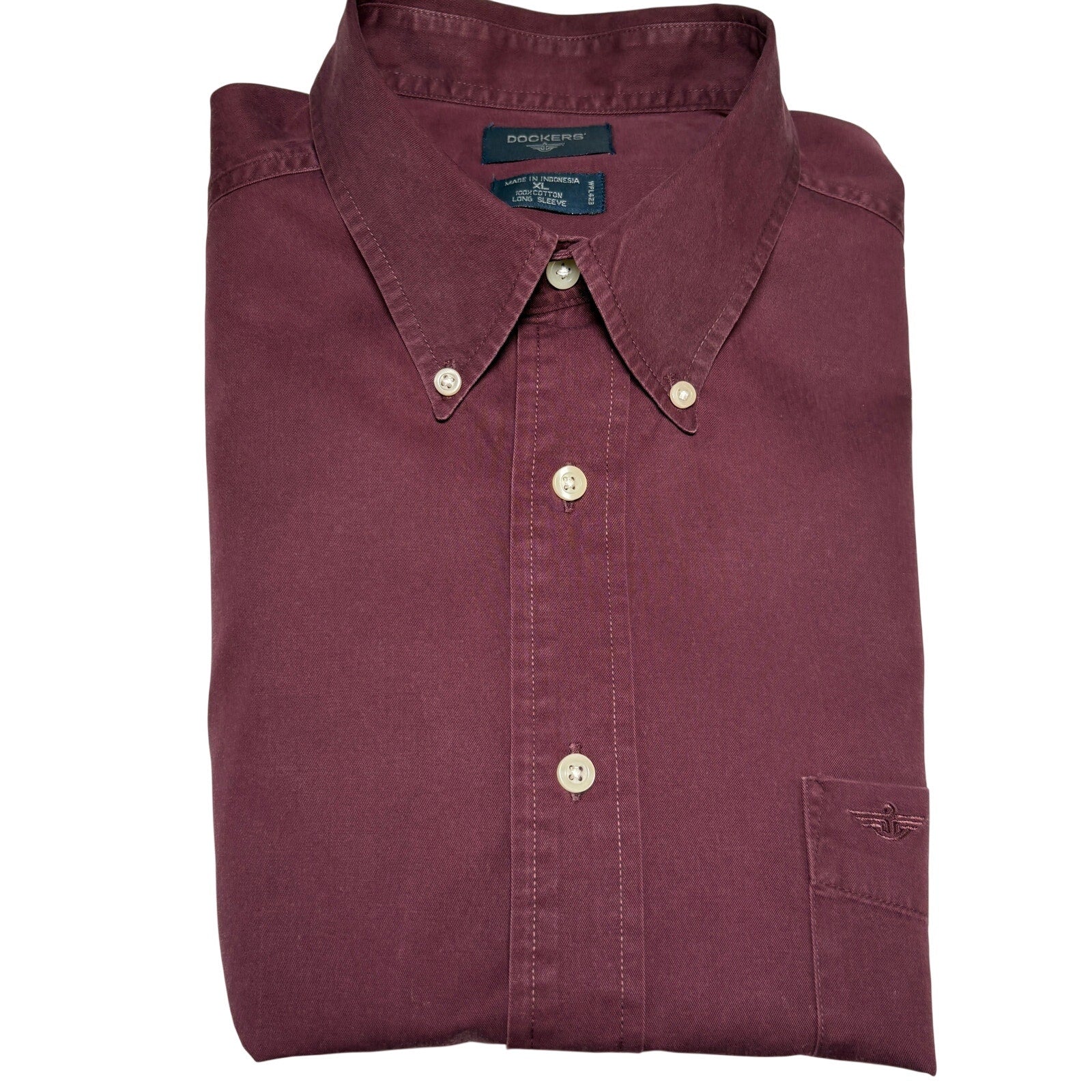 Dockers Button Up Shirt Mens XL Maroon Red Cotton LS Classic Fit Shirt