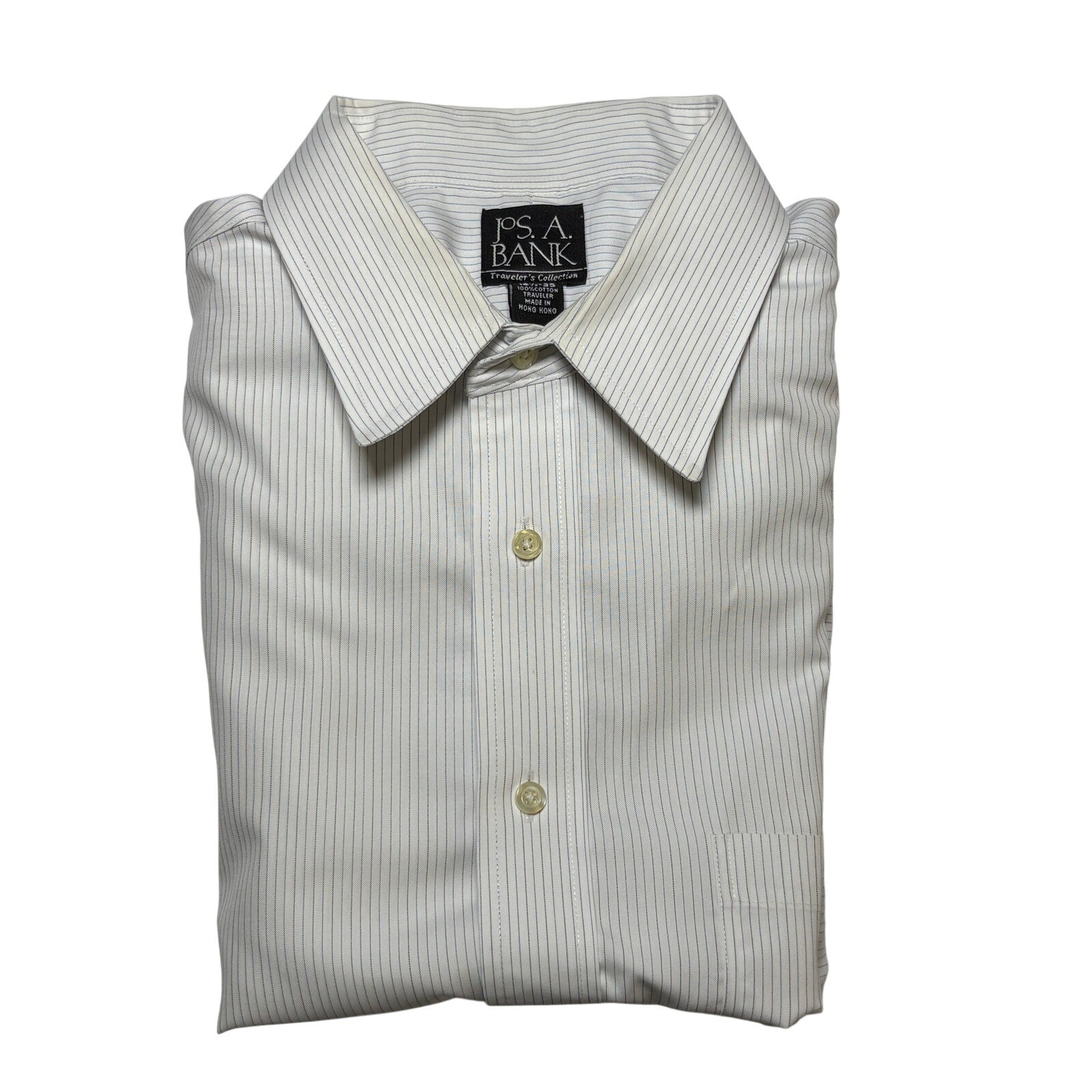 Jos A Bank Traveler’s Collection Dress Shirt 16.5 35 White Blue Stripe Button up