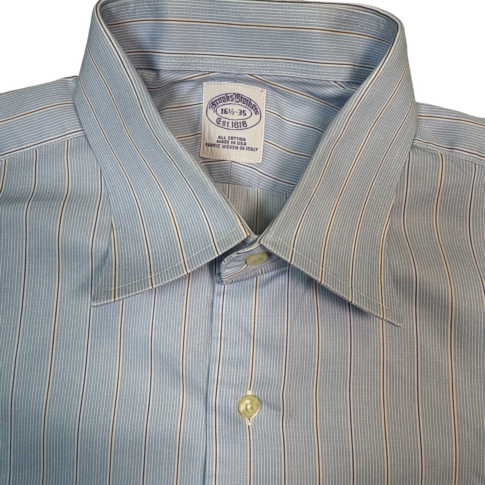 Brooks Brothers Dress Shirt 16.5 35 Blue Striped Made USA Italian Fabric