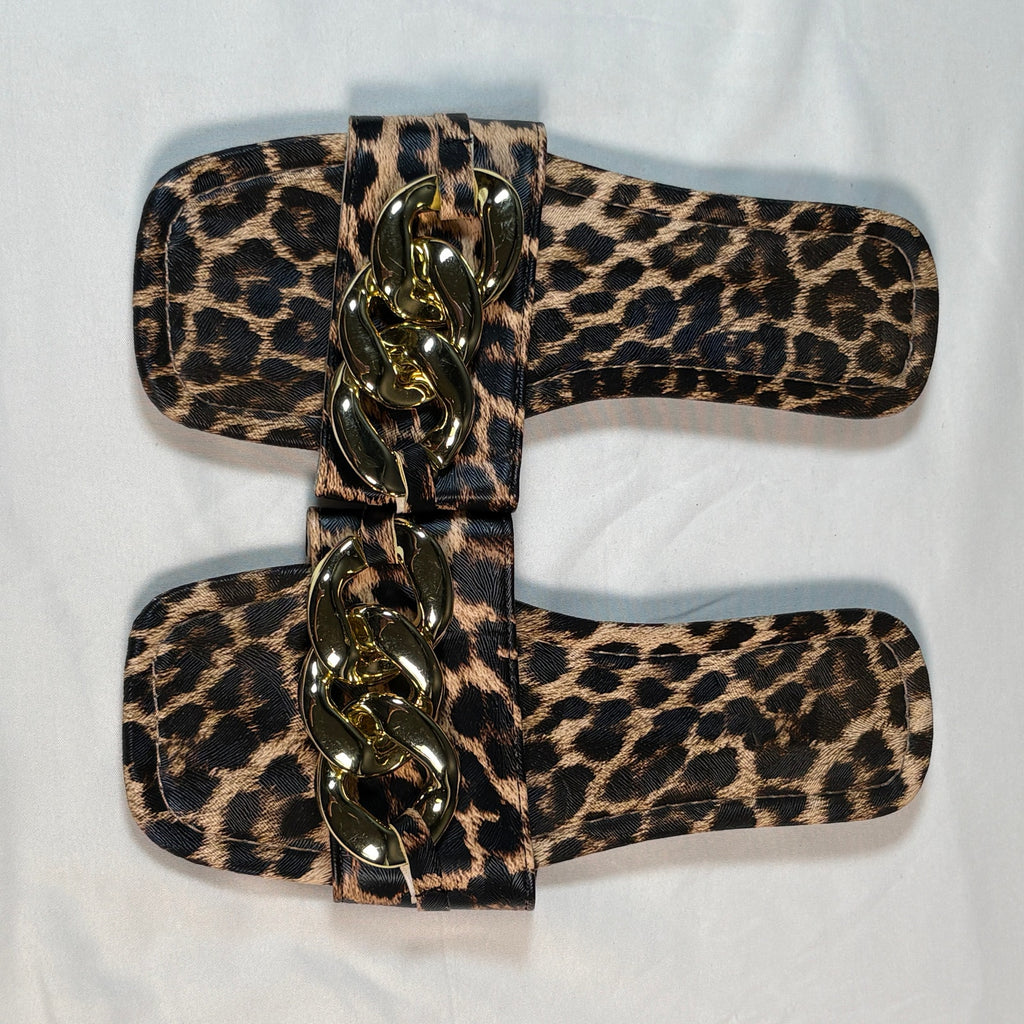 Leopard Print Slide Sandals Womens Size 8 Gold Chain Flat Slides