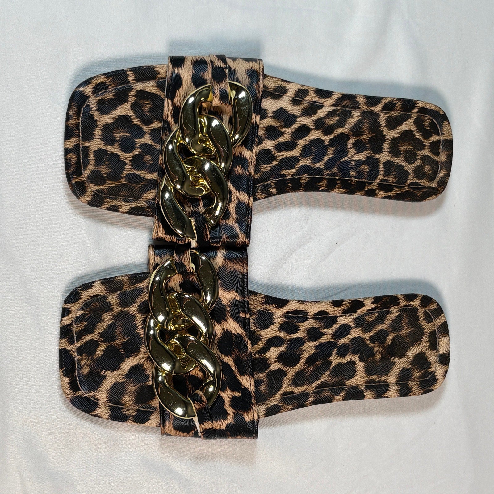 Leopard Print Slide Sandals Womens Size 8 Gold Chain Flat Slides
