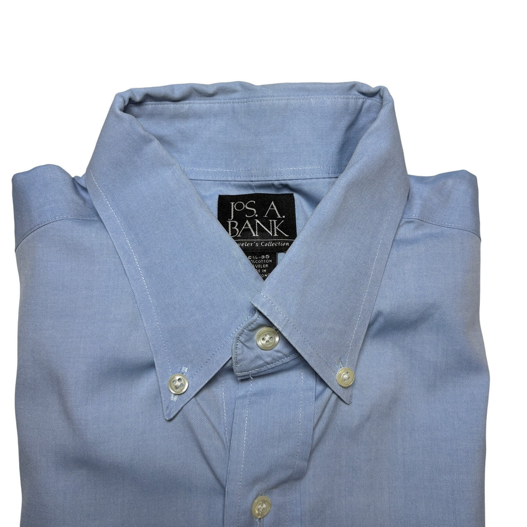 Jos A Bank Traveler Dress Shirt Mens 16.5 35 Blue Check Button Down Cotton LS
