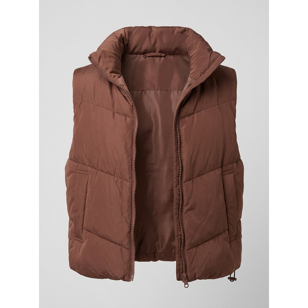 Brown Puffer Vest Womens Large Cropped Zip Up Quilted Sleeveless