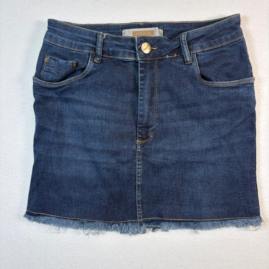 Paruzia Womens Denim Mini Skirt Blue Stretch Frayed Hem Size 4