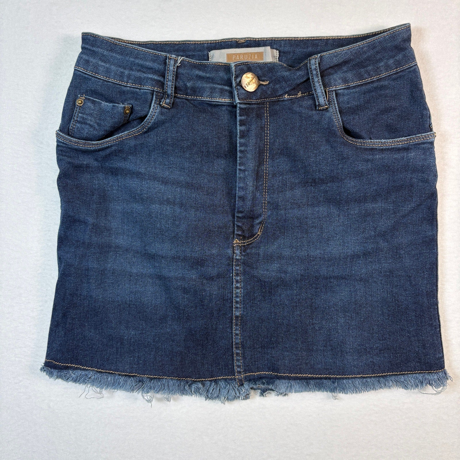 Paruzia Womens Denim Mini Skirt Blue Stretch Frayed Hem Size 4