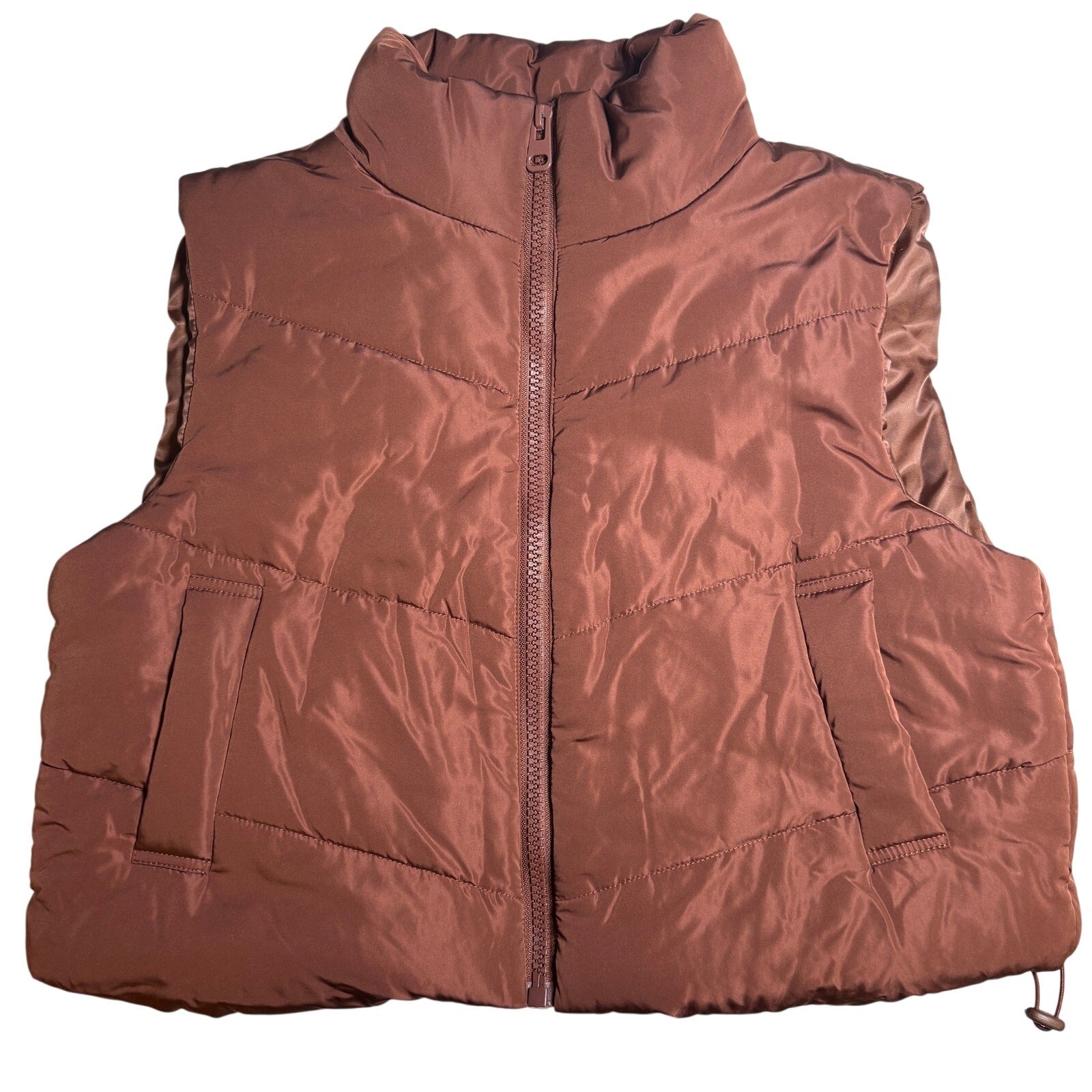 Brown Puffer Vest Womens Large Cropped Zip Up Quilted Sleeveless