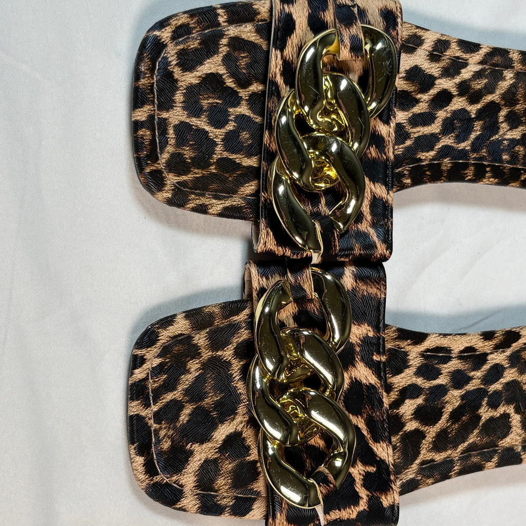 Leopard Print Slide Sandals Womens Size 8 Gold Chain Flat Slides