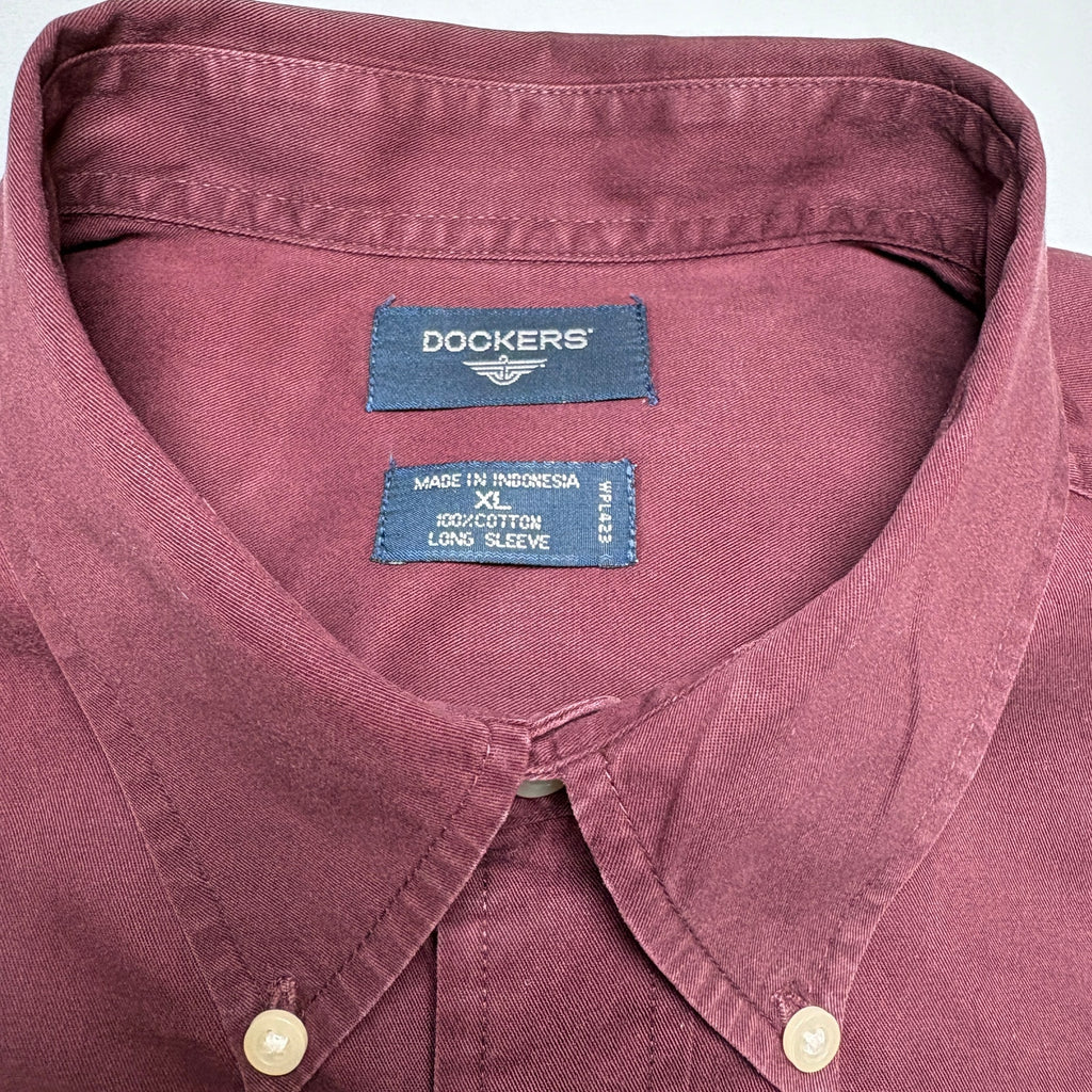 Dockers Button Up Shirt Mens XL Maroon Red Cotton LS Classic Fit Shirt