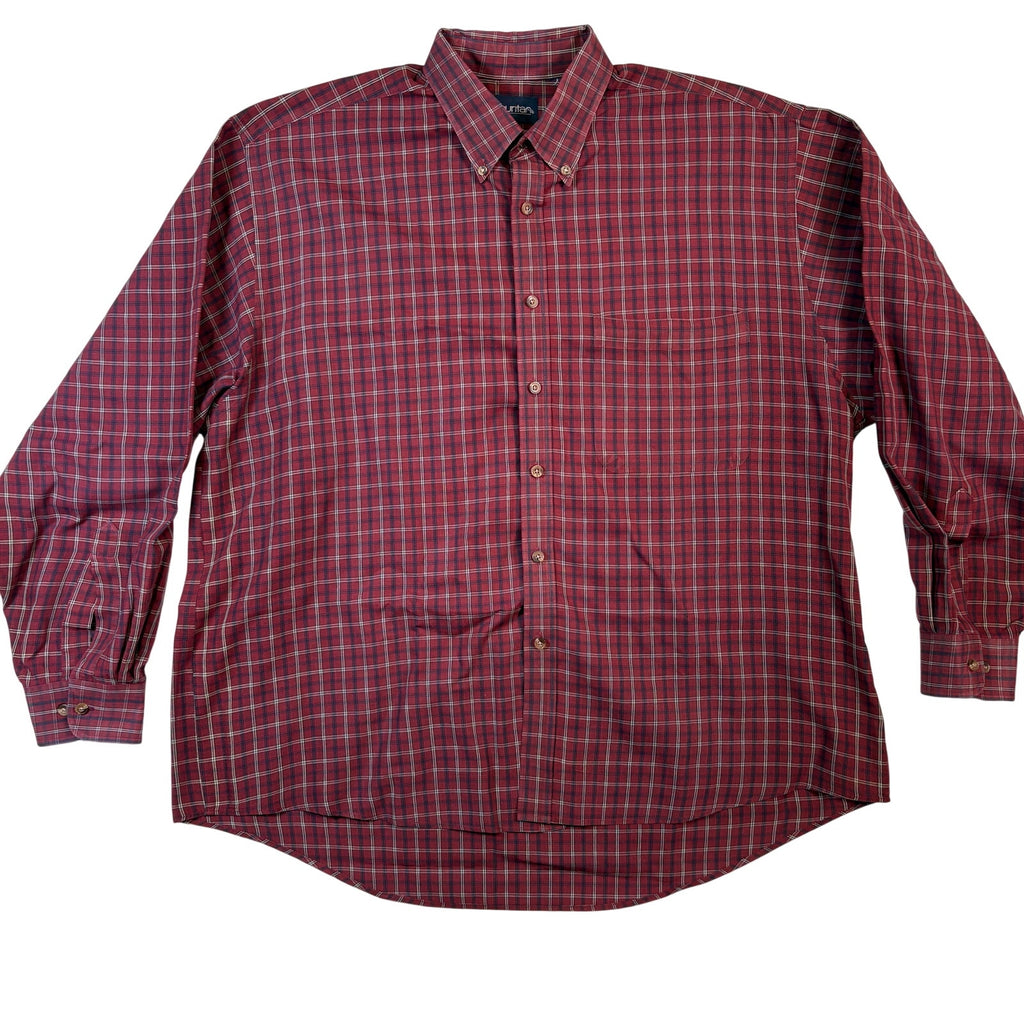 Puritan Mens Plaid Button Up Shirt Red Cotton Blend Long Sleeve XL