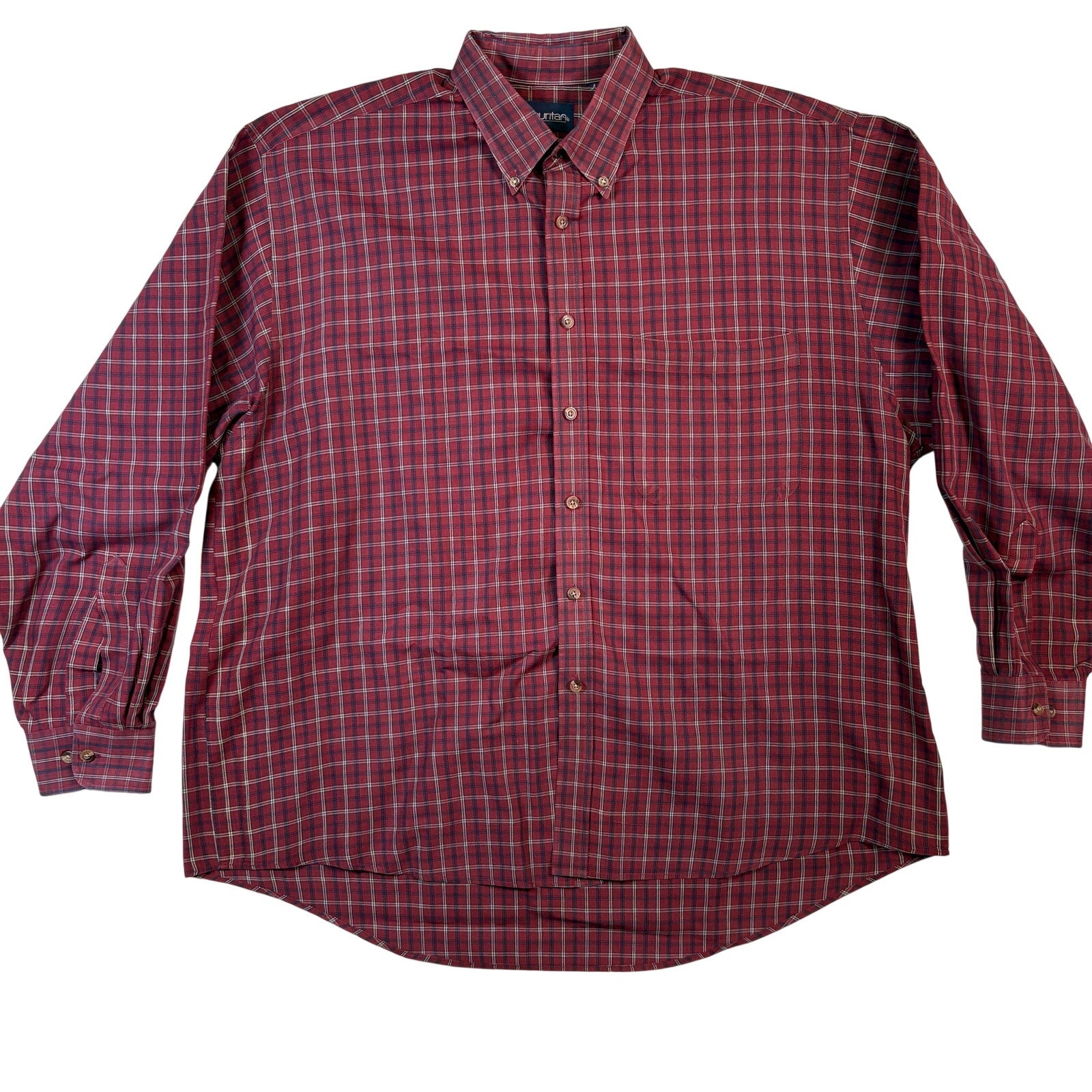 Puritan Mens Plaid Button Up Shirt Red Cotton Blend Long Sleeve XL