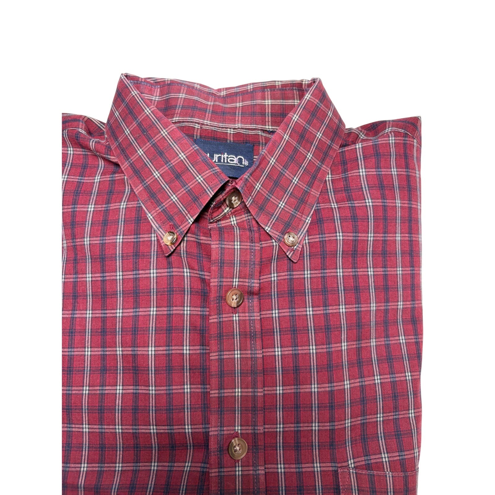Puritan Mens Plaid Button Up Shirt Red Cotton Blend Long Sleeve XL