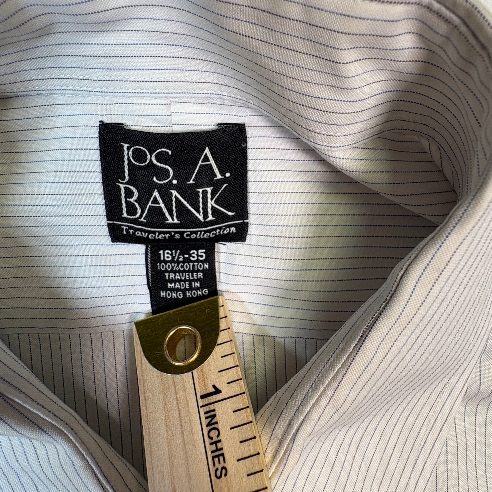 Jos A Bank Traveler’s Collection Dress Shirt 16.5 35 White Blue Stripe Button up