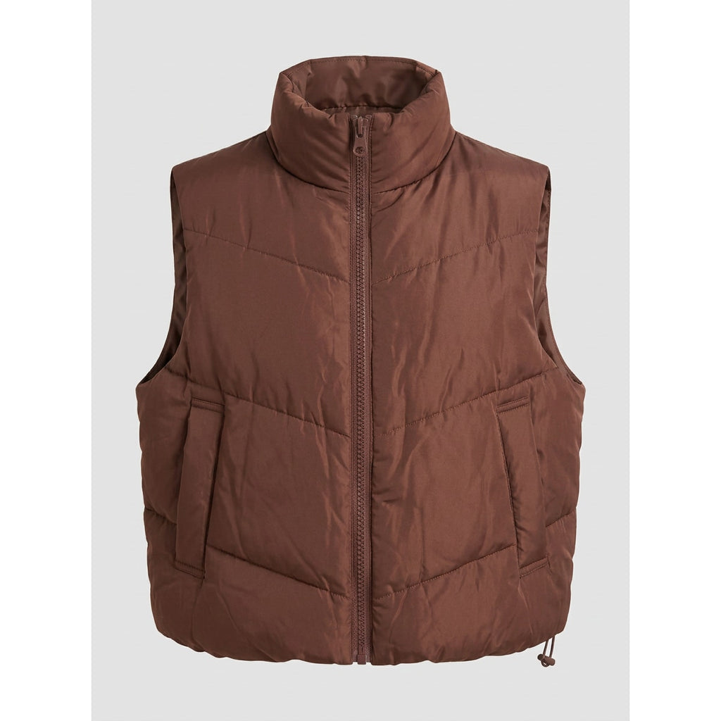 Brown Puffer Vest Womens Large Cropped Zip Up Quilted Sleeveless