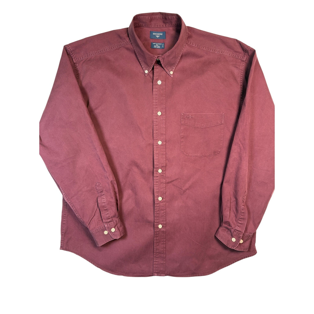 Dockers Button Up Shirt Mens XL Maroon Red Cotton LS Classic Fit Shirt